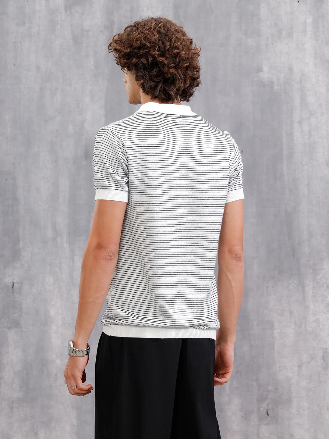 Flat Knit Striped Pattern Polo T-Shirt| White - Image 3
