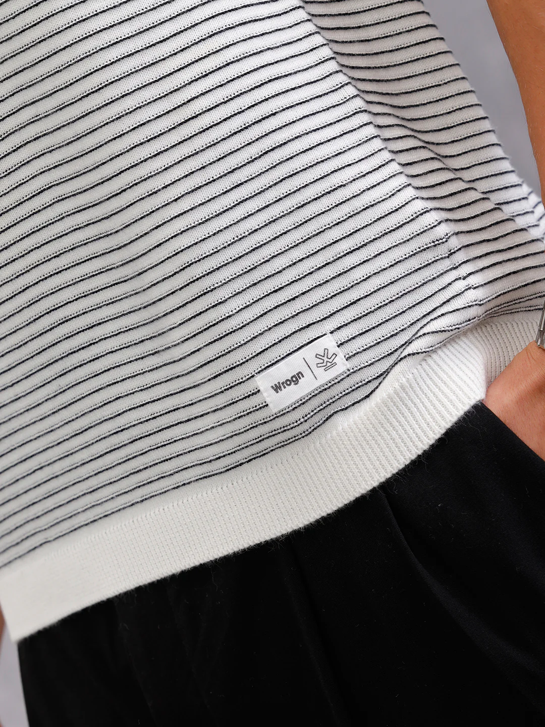 Flat Knit Striped Pattern Polo T-Shirt| White - Image 5