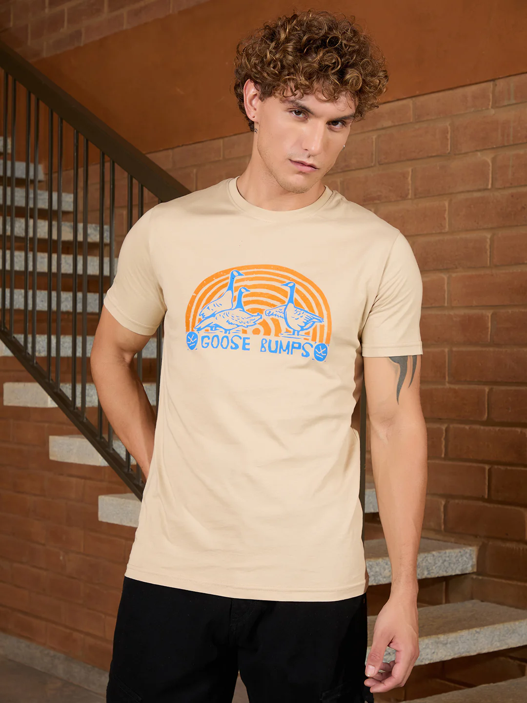 Flock Printed Slim Fit T-Shirt | Khaki - Image 3