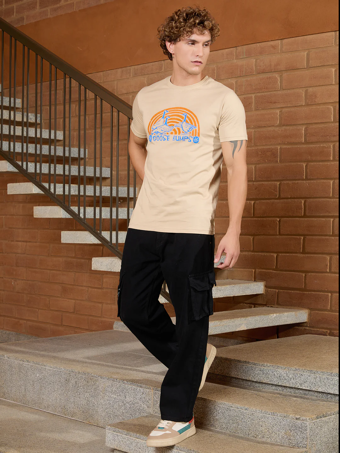 Flock Printed Slim Fit T-Shirt | Khaki - Image 4