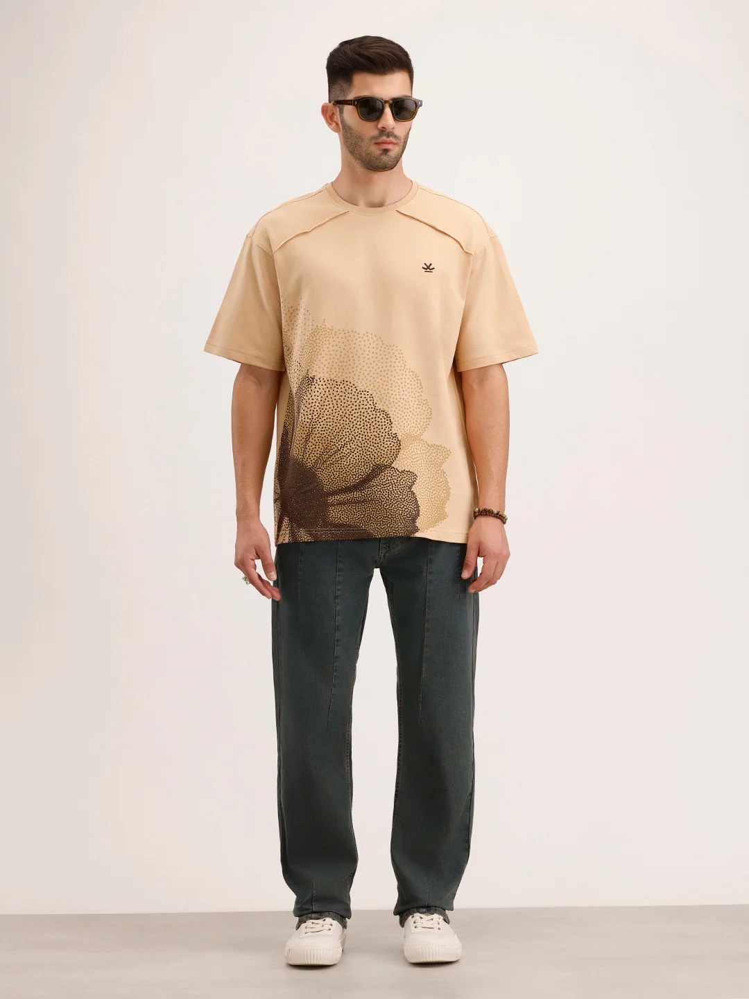 Oversized Cut & Sew Placement Printed T-Shirt | Beige - Image 2