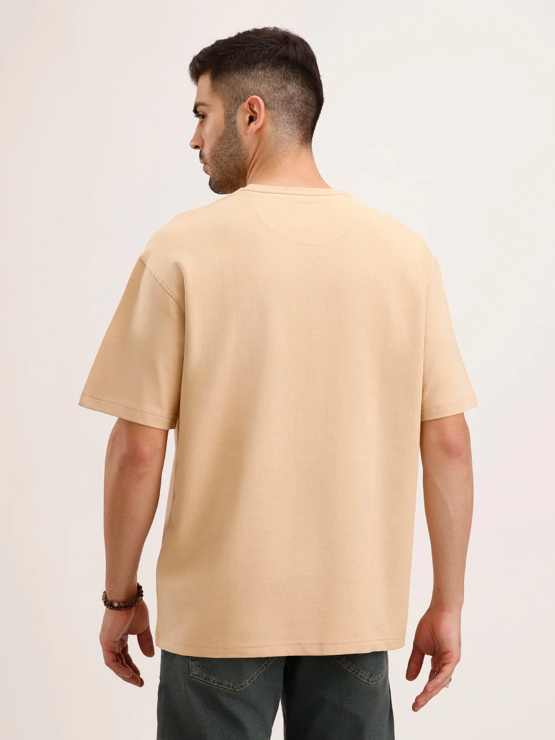 Oversized Cut & Sew Placement Printed T-Shirt | Beige - Image 3