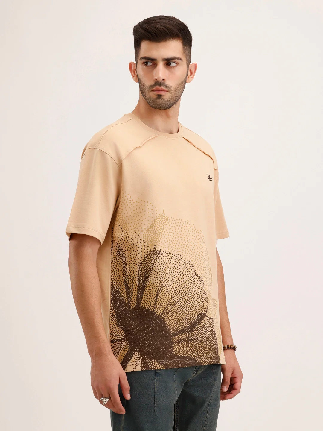 Oversized Cut & Sew Placement Printed T-Shirt | Beige - Image 4