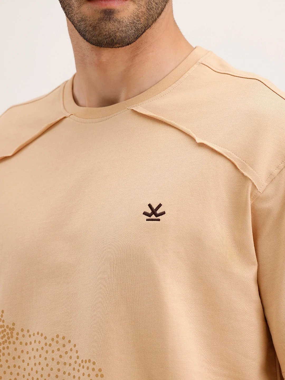 Oversized Cut & Sew Placement Printed T-Shirt | Beige - Image 5