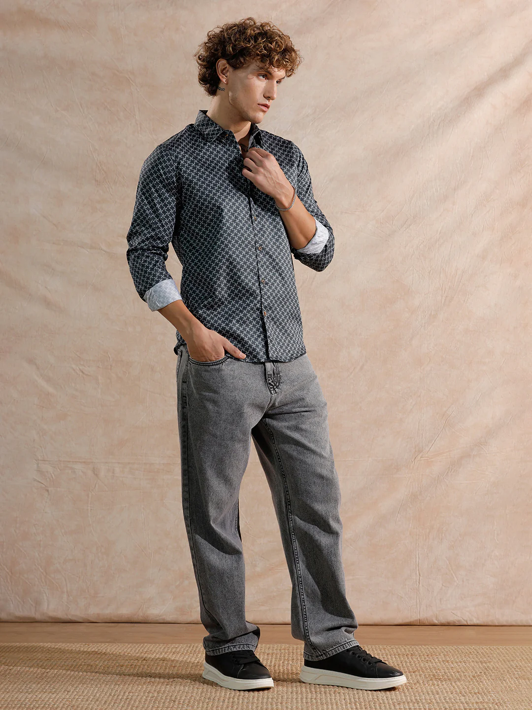 Printed Satin Slim Fit Shirt | Black - Image 2