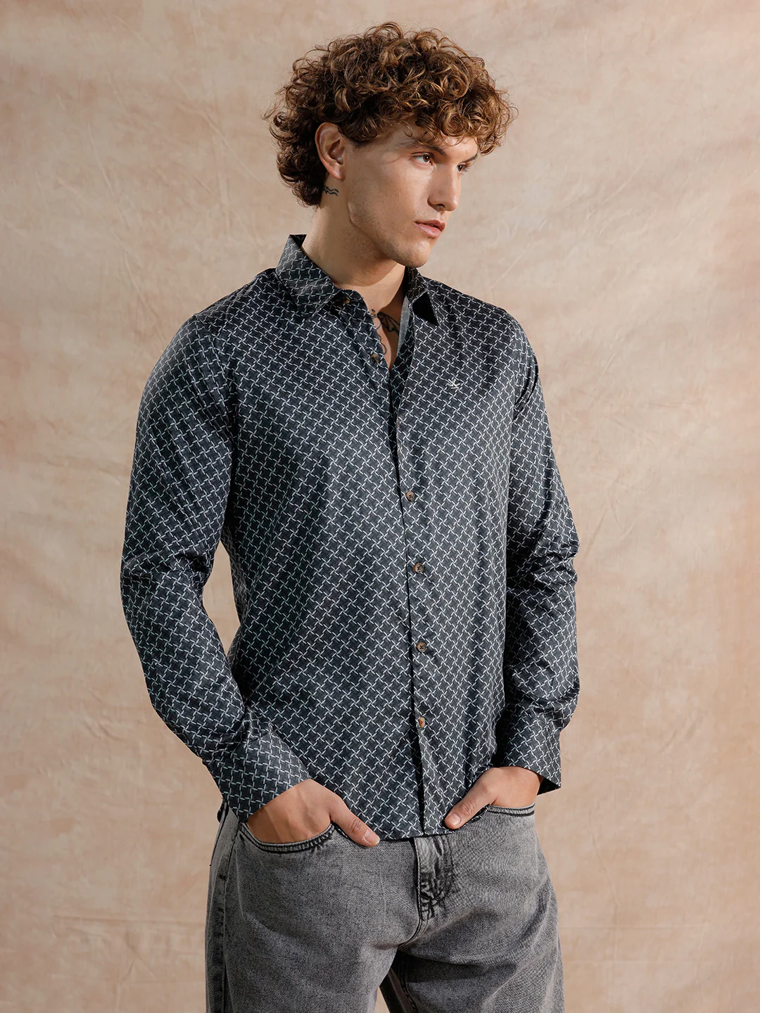 Printed Satin Slim Fit Shirt | Black - Image 4