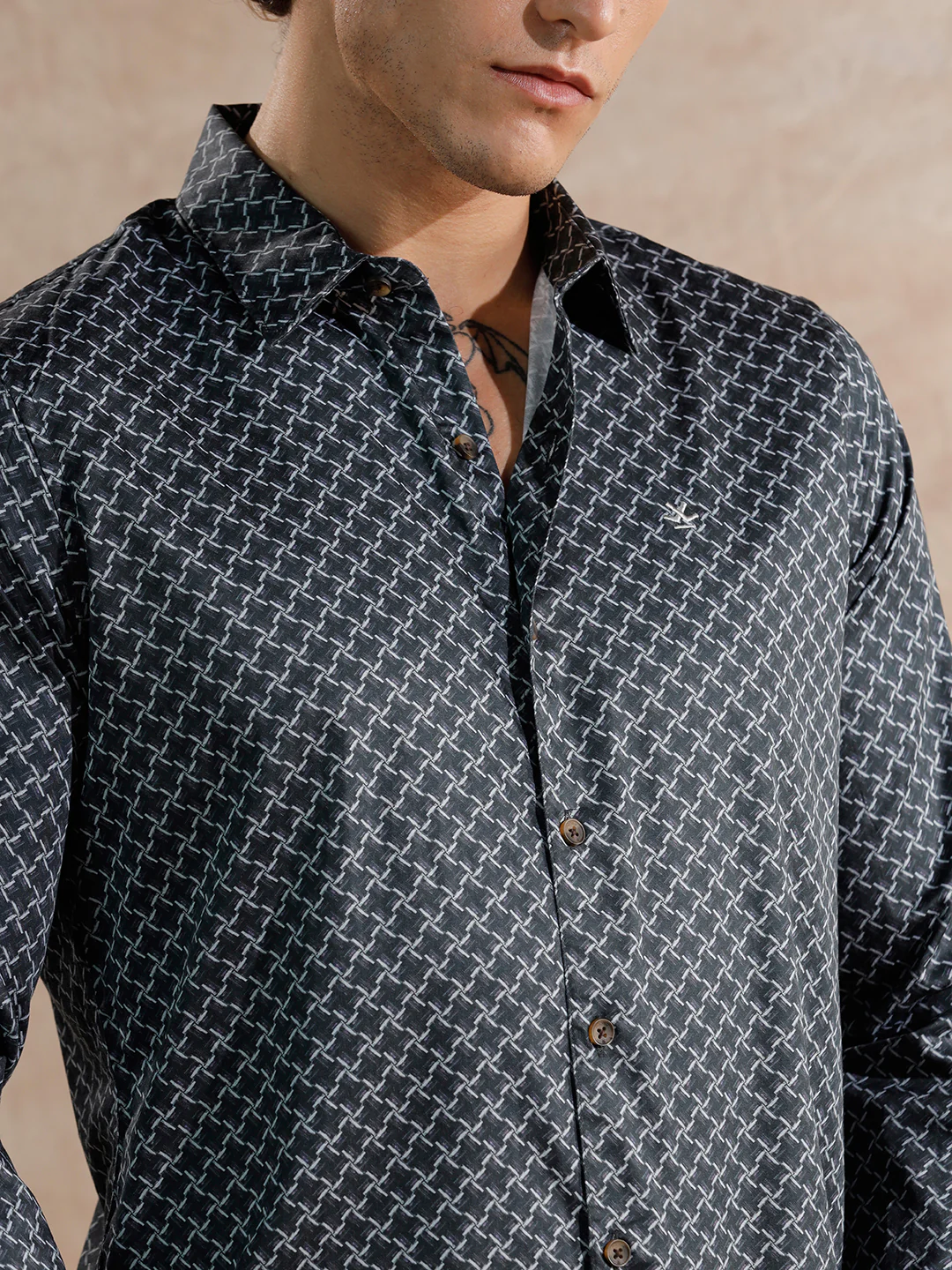 Printed Satin Slim Fit Shirt | Black - Image 5