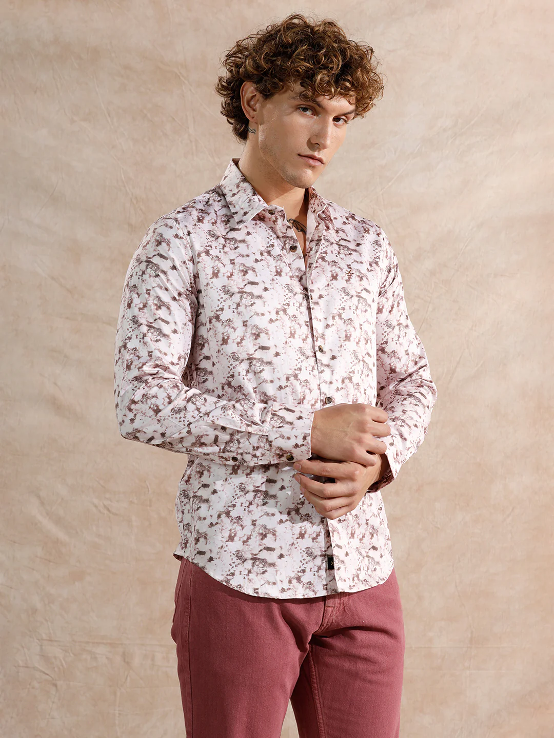 Printed Satin Slim Fit Shirt | Brown - Image 4