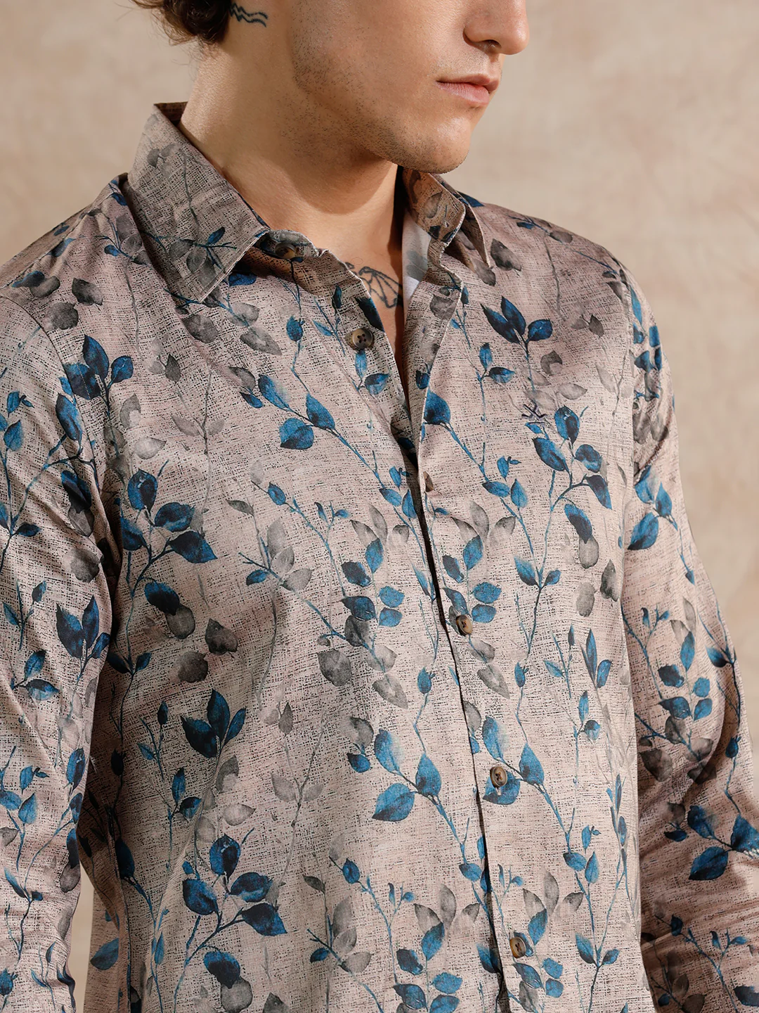 Printed Satin Slim Fit Shirt | Khaki - Image 5