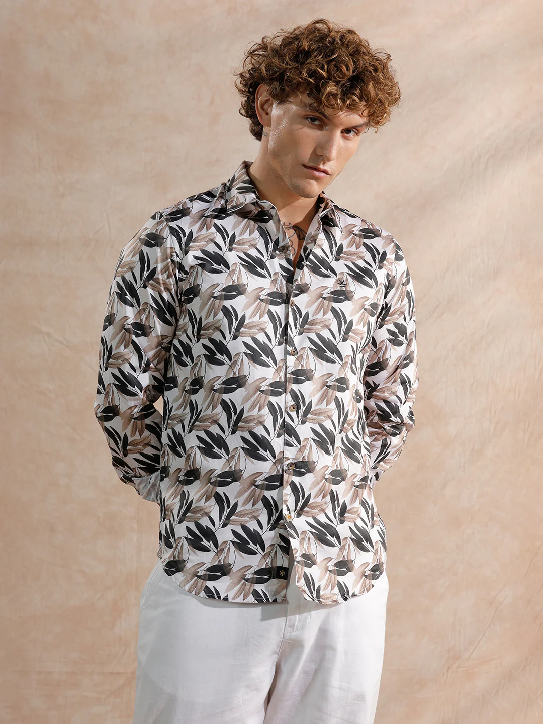 Printed Satin Slim Fit Shirt | Off White - Image 3