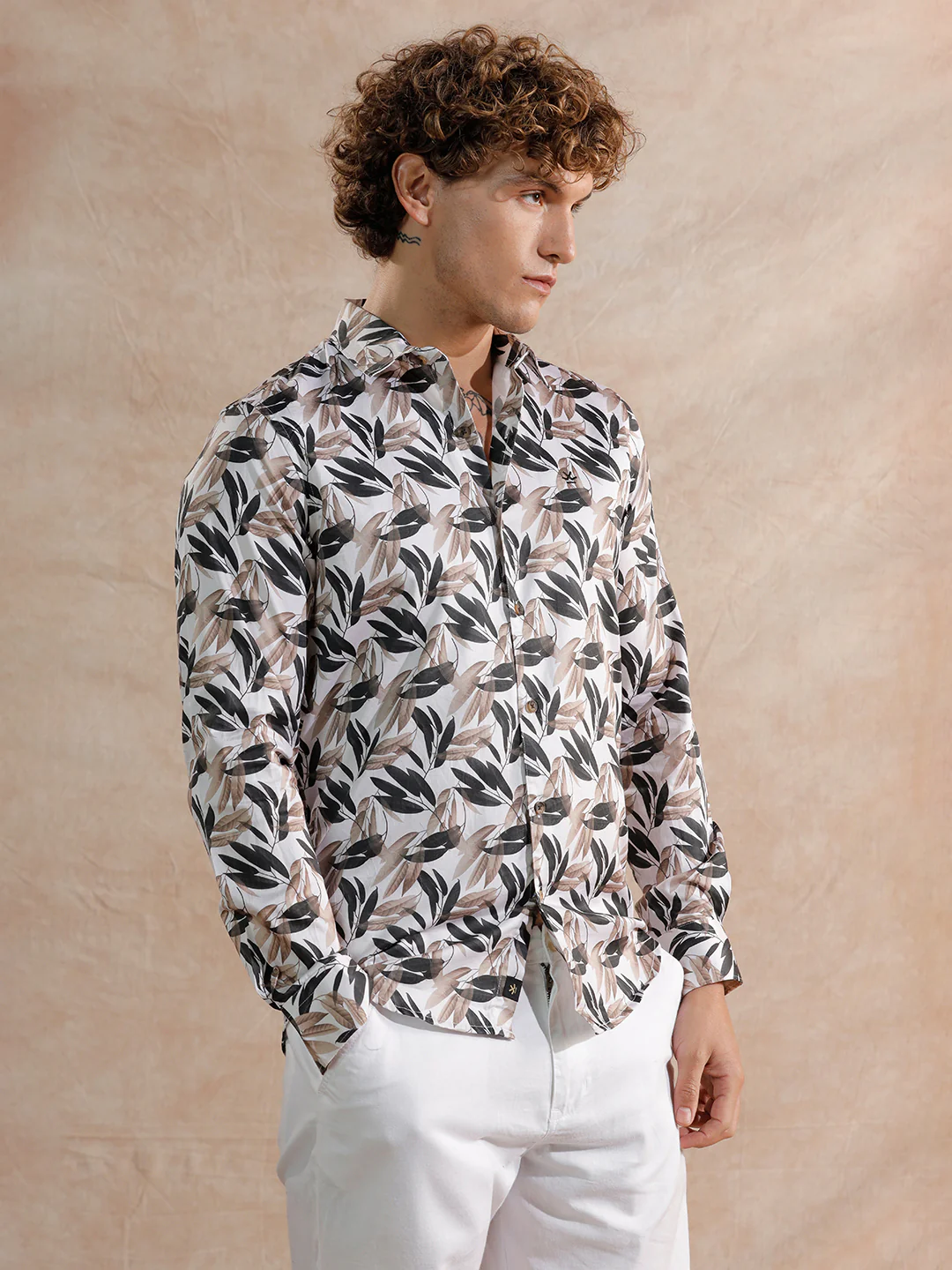 Printed Satin Slim Fit Shirt | Off White - Image 6