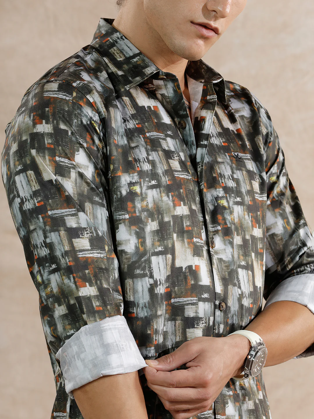 Flowy AOP Slim Fit Shirt | Dark Olive - Image 5
