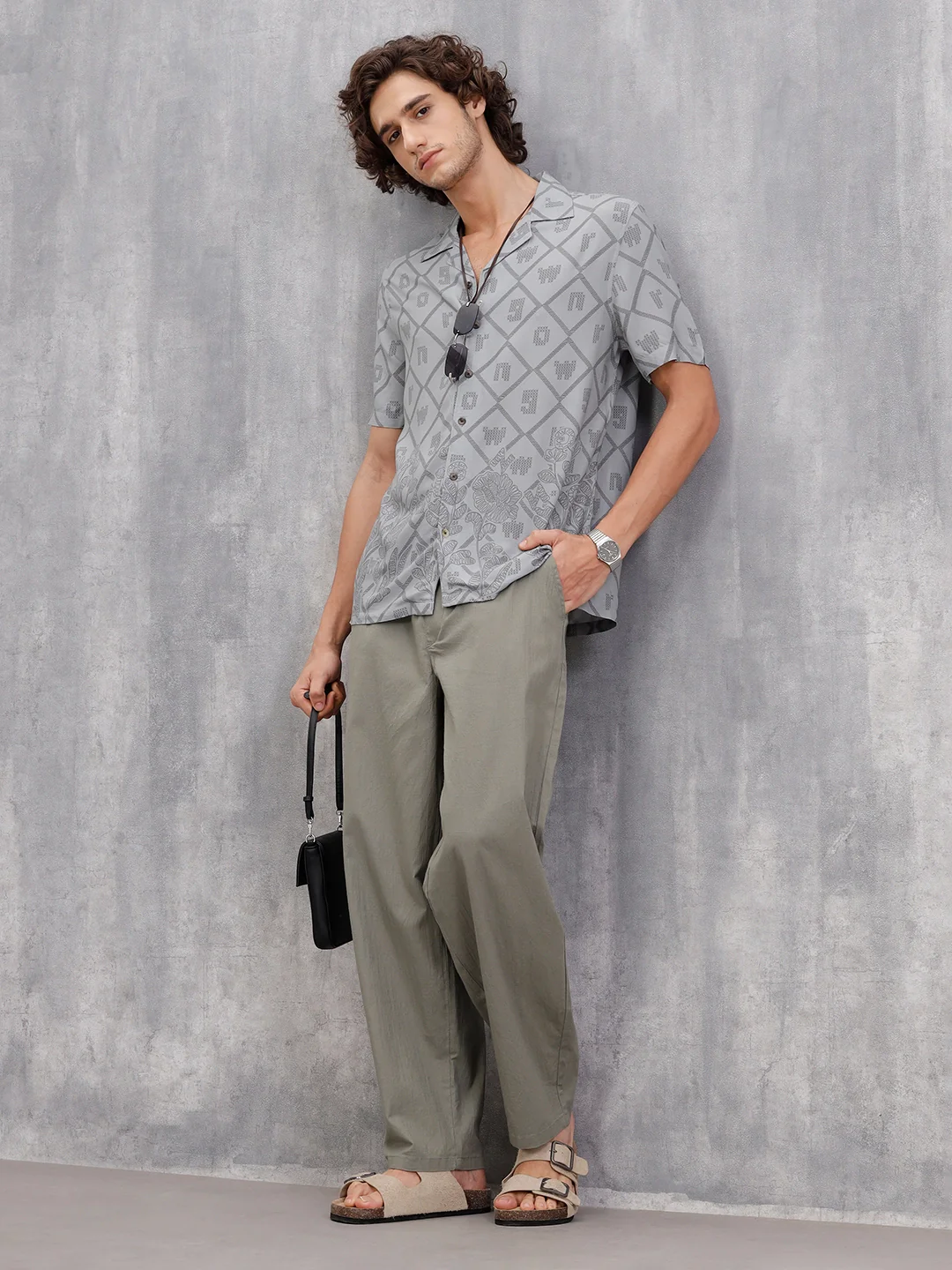 Fluid Placement Print Shirt In Resort Collar  |  Grey - Image 2