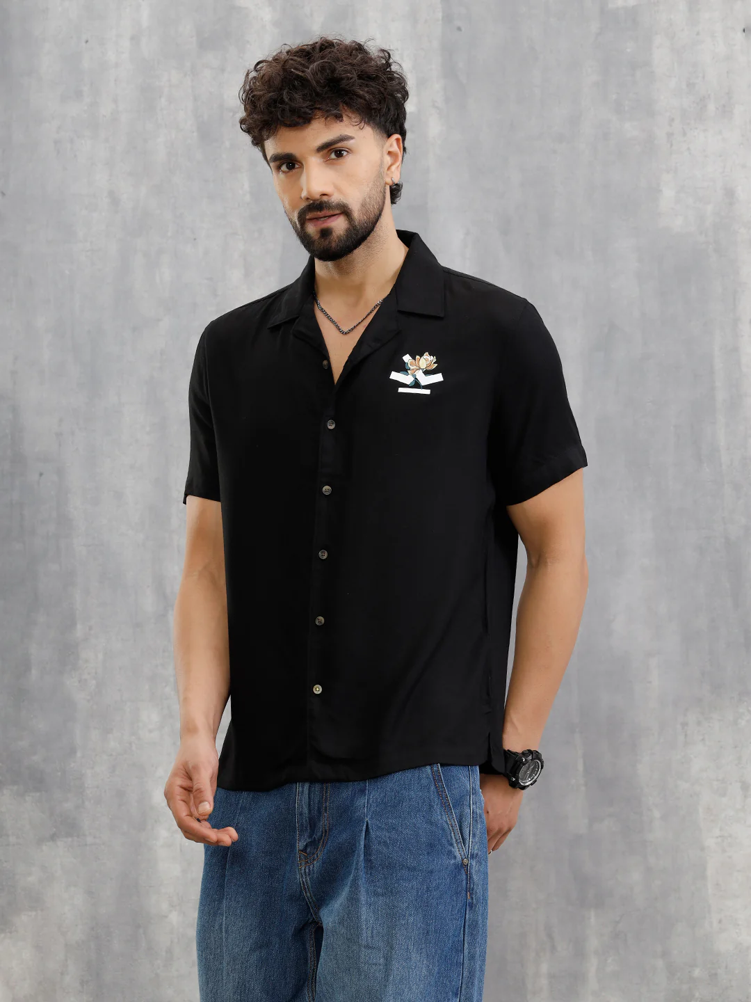 Fluid Resort Collar Shirt With Surreal Back Print | Black - Image 4