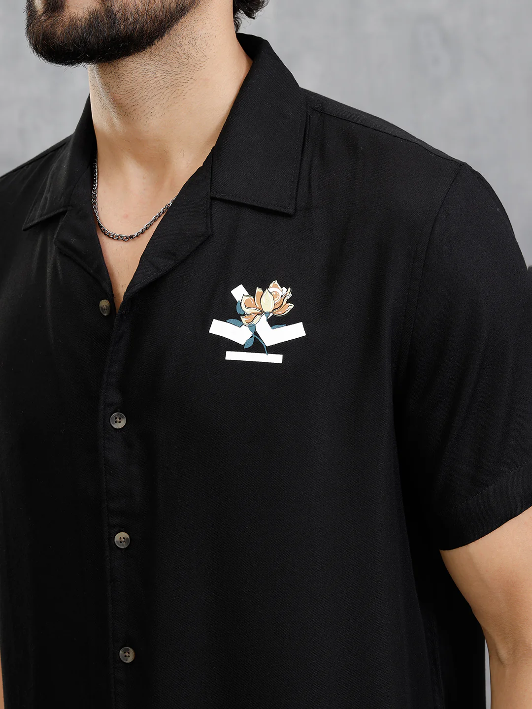 Fluid Resort Collar Shirt With Surreal Back Print | Black - Image 5