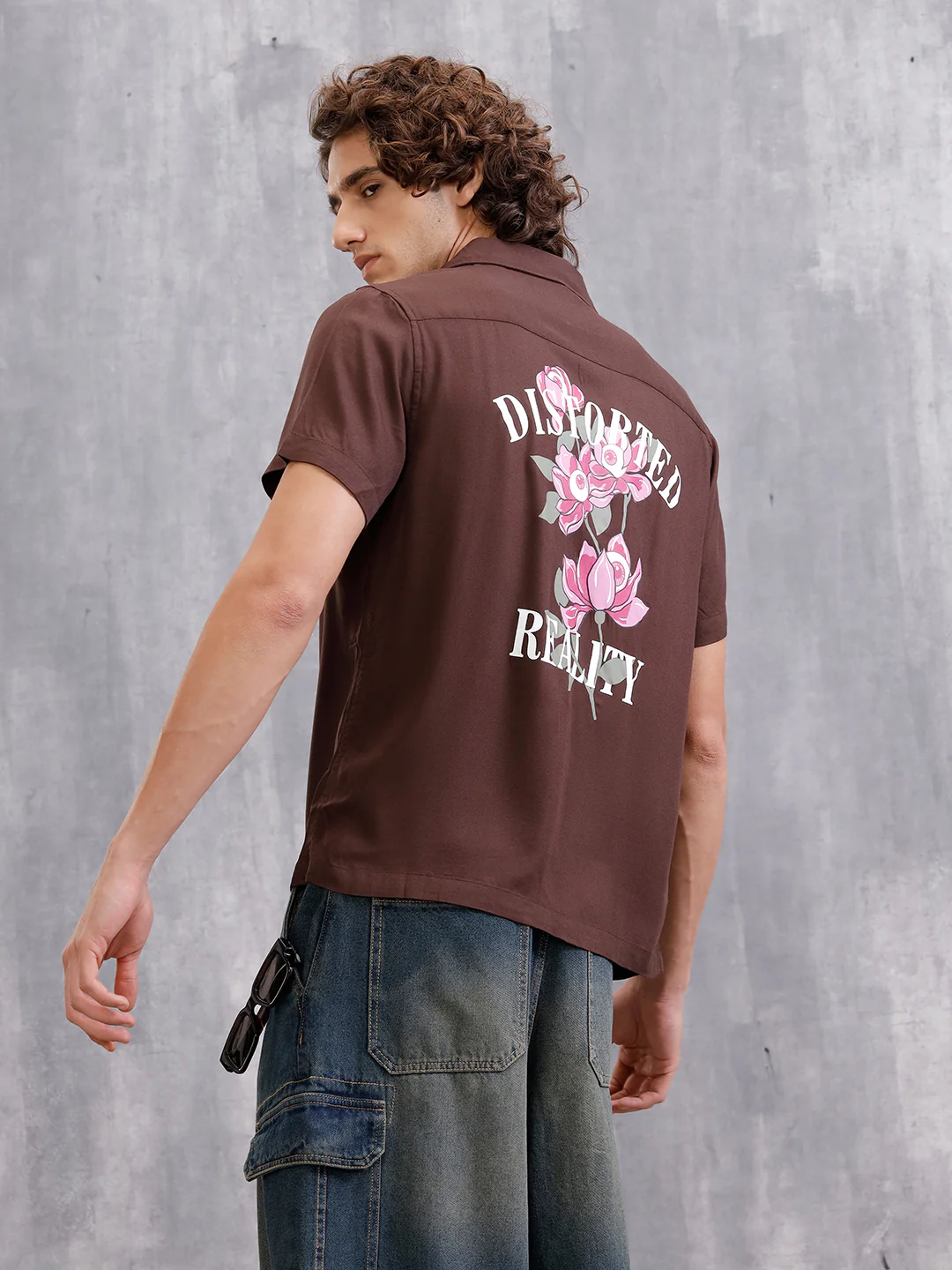 Fluid Resort Collar Shirt With Surreal Back Print | Brown - Image 4