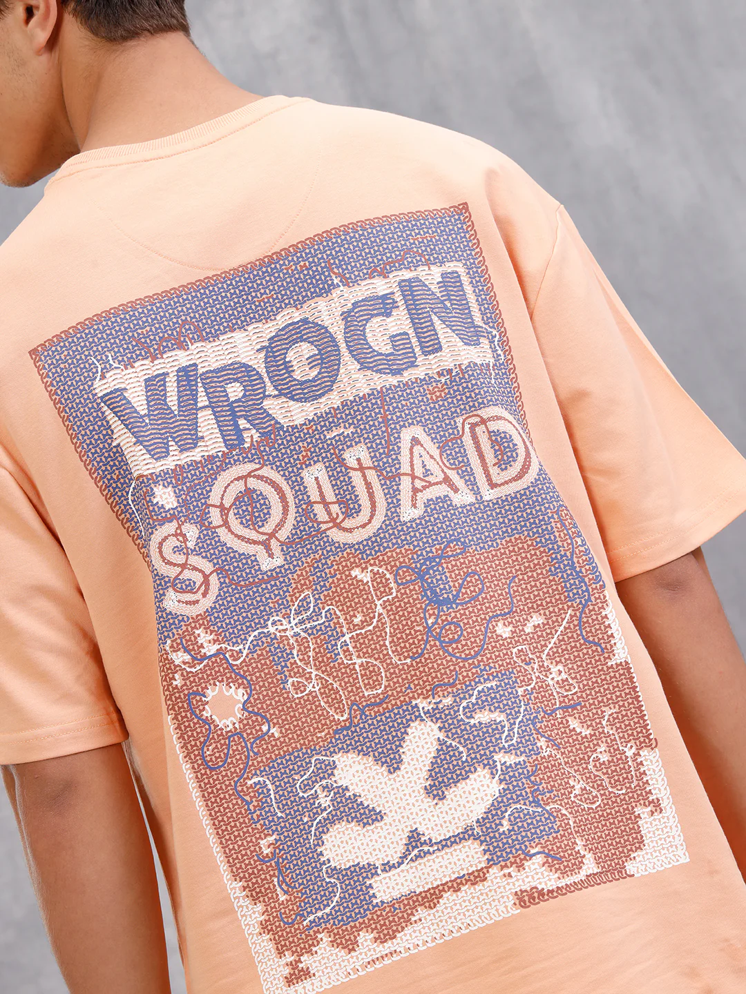 Frayed Yarn Look Wrogn Squad Oversized Back Print Crew Neck T-Shirt | Peach - Image 3