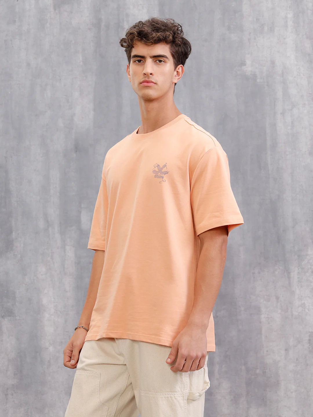 Frayed Yarn Look Wrogn Squad Oversized Back Print Crew Neck T-Shirt | Peach - Image 5