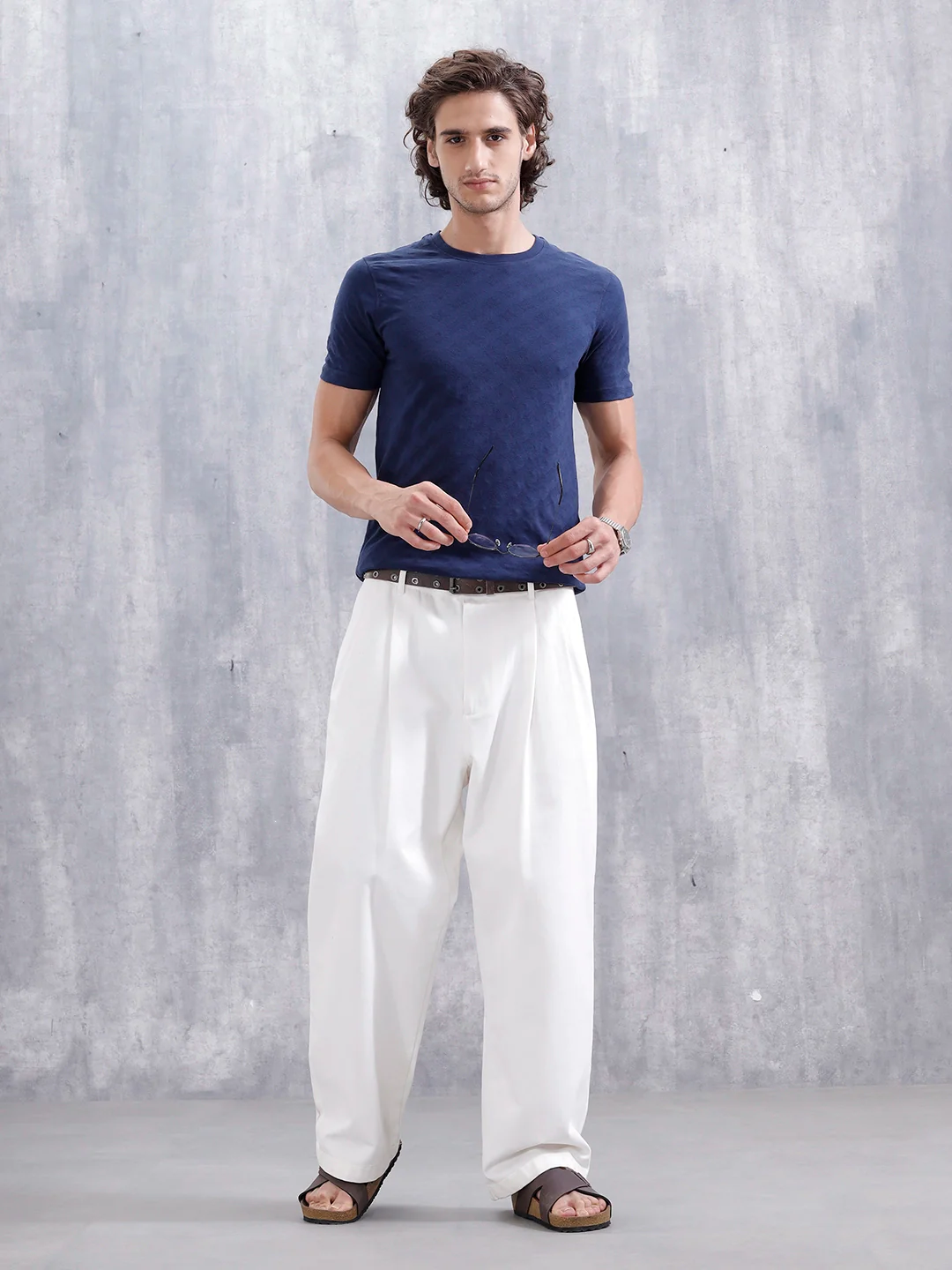 Geometric Jacquard Slim Fit Cotton Blend Shirt | Navy Blue - Image 2