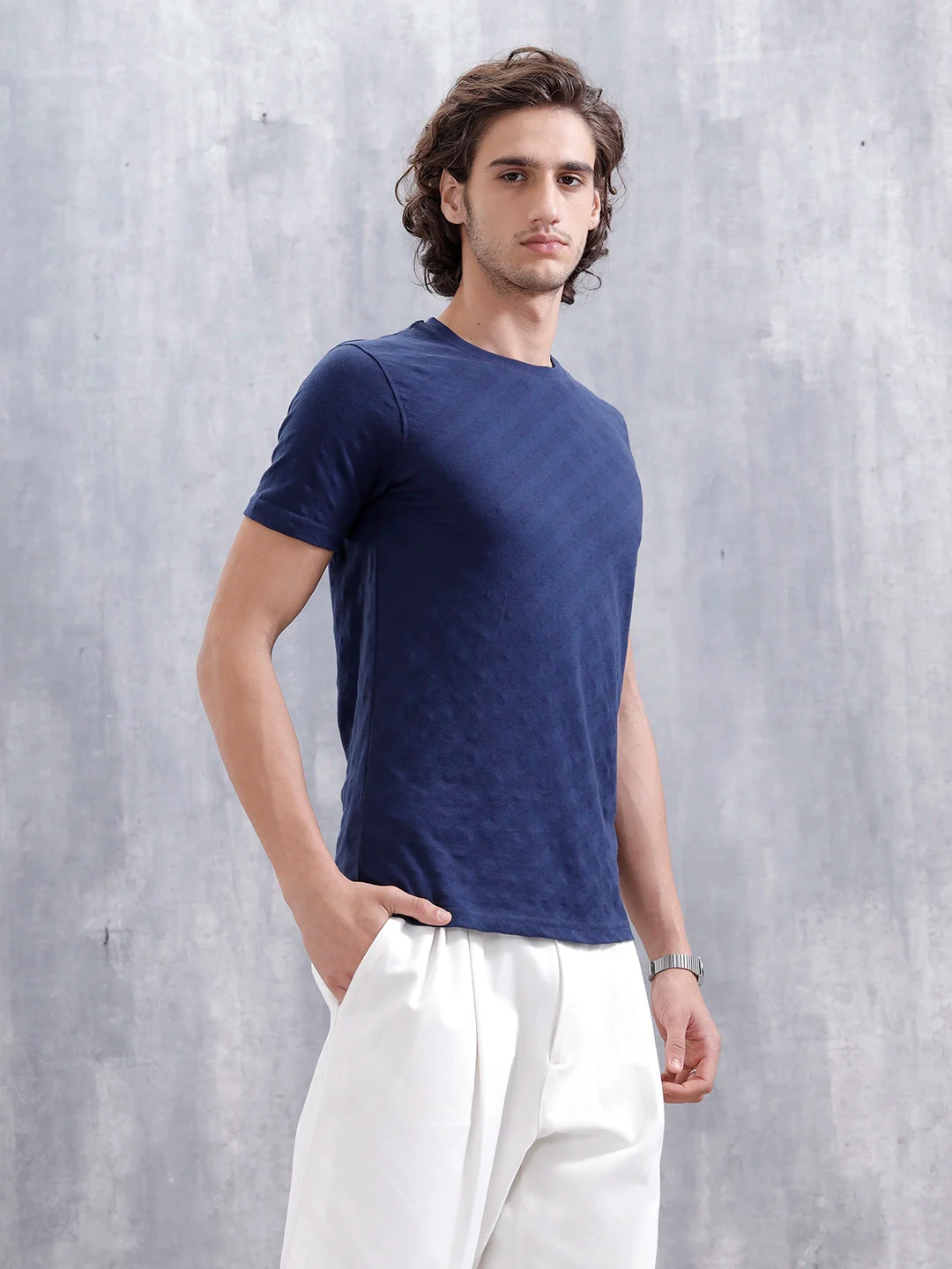 Geometric Jacquard Slim Fit Cotton Blend Shirt | Navy Blue - Image 4