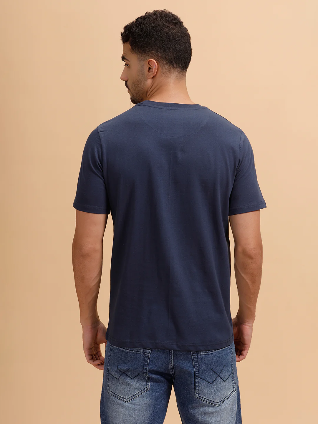 Glitched Logo Printed Slim Fit T-Shirt  | Navy Blue - Image 3