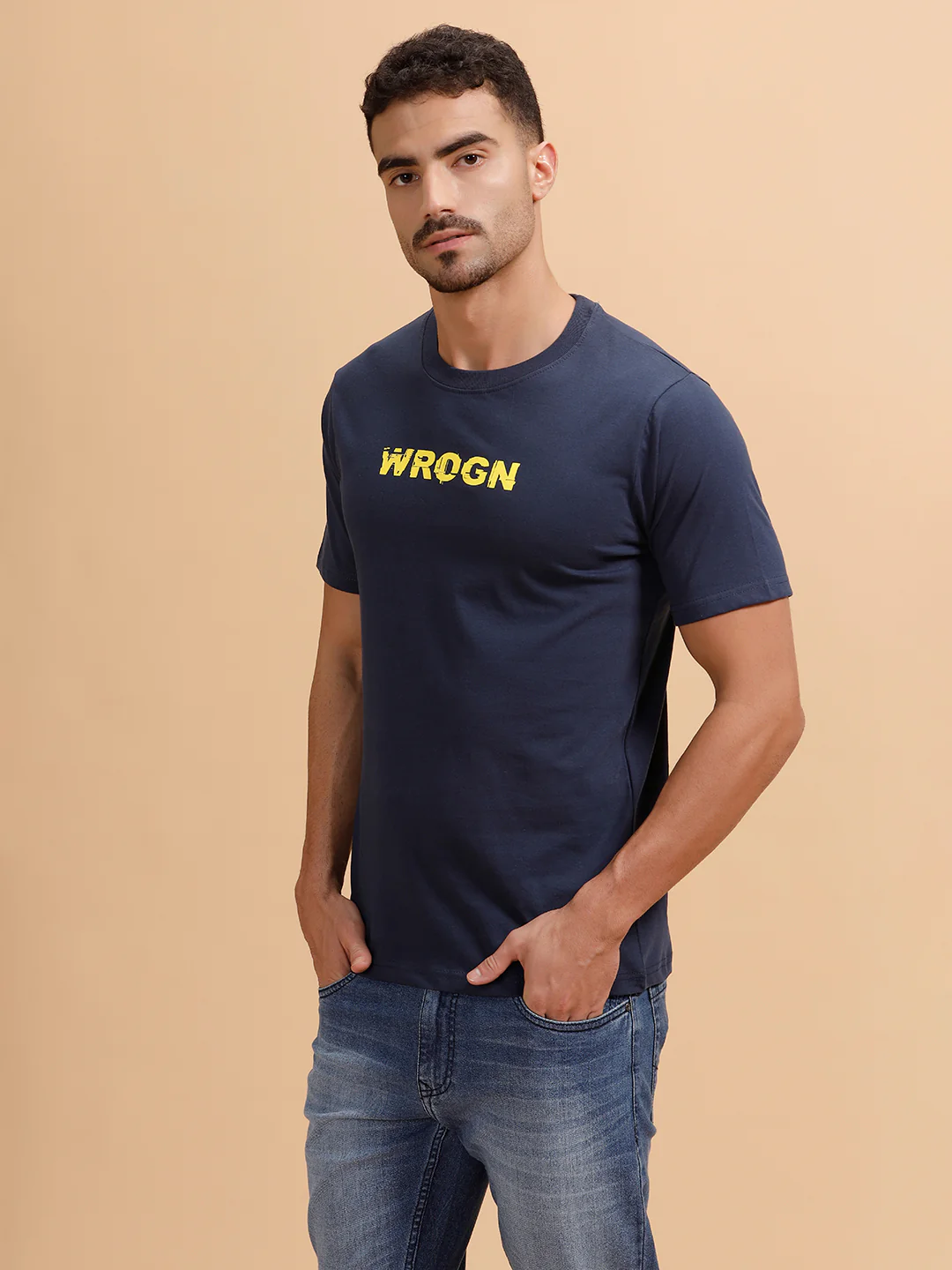 Glitched Logo Printed Slim Fit T-Shirt  | Navy Blue - Image 4