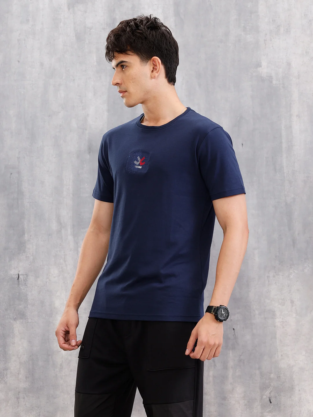 Gold Finish Interlock Tee With Embroidery On Chest   | Navy Blue - Image 5