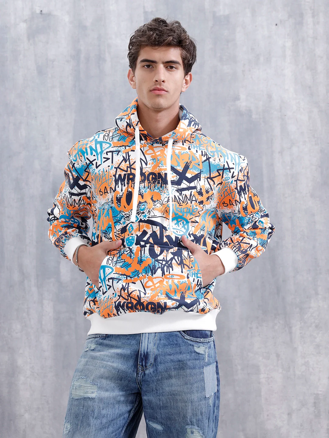 Graffiti Inspired Oversized Brushed Fleece Hoodie | Blue - Image 2
