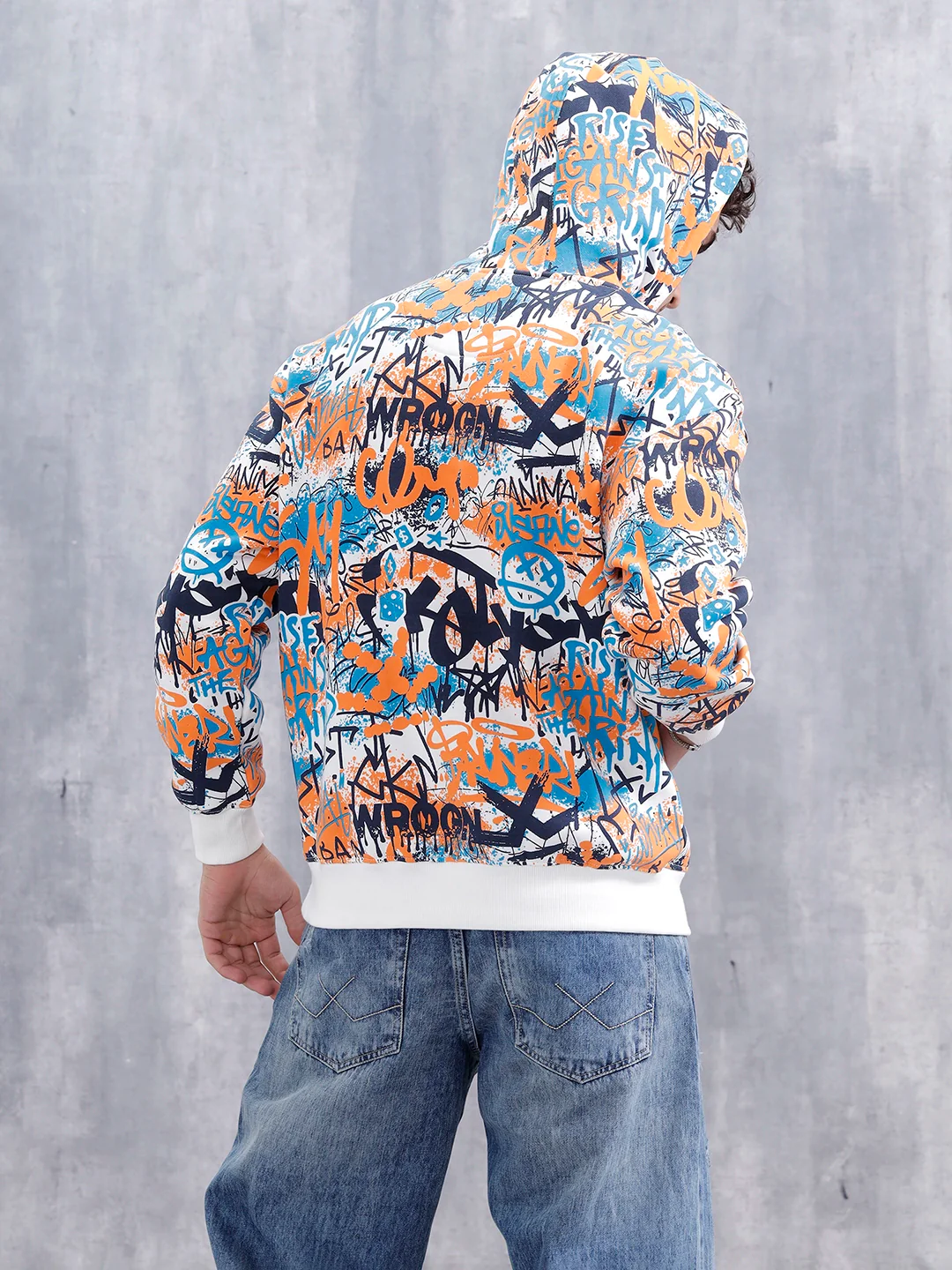 Graffiti Inspired Oversized Brushed Fleece Hoodie | Blue - Image 4