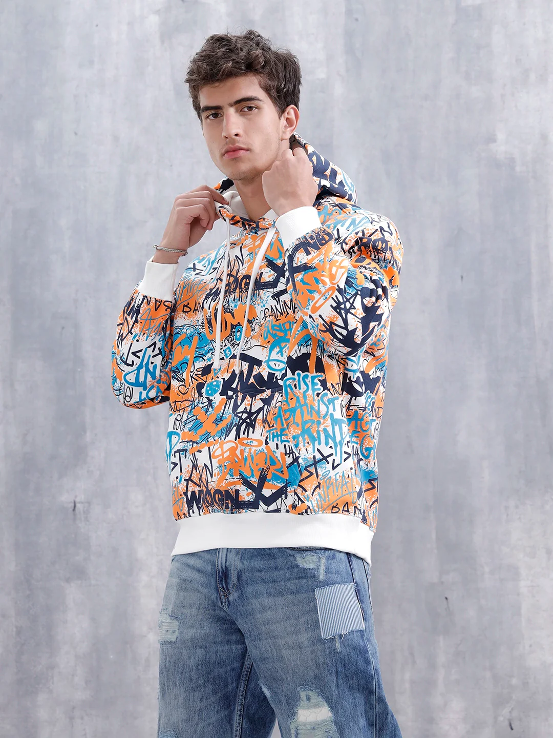 Graffiti Inspired Oversized Brushed Fleece Hoodie | Blue - Image 5