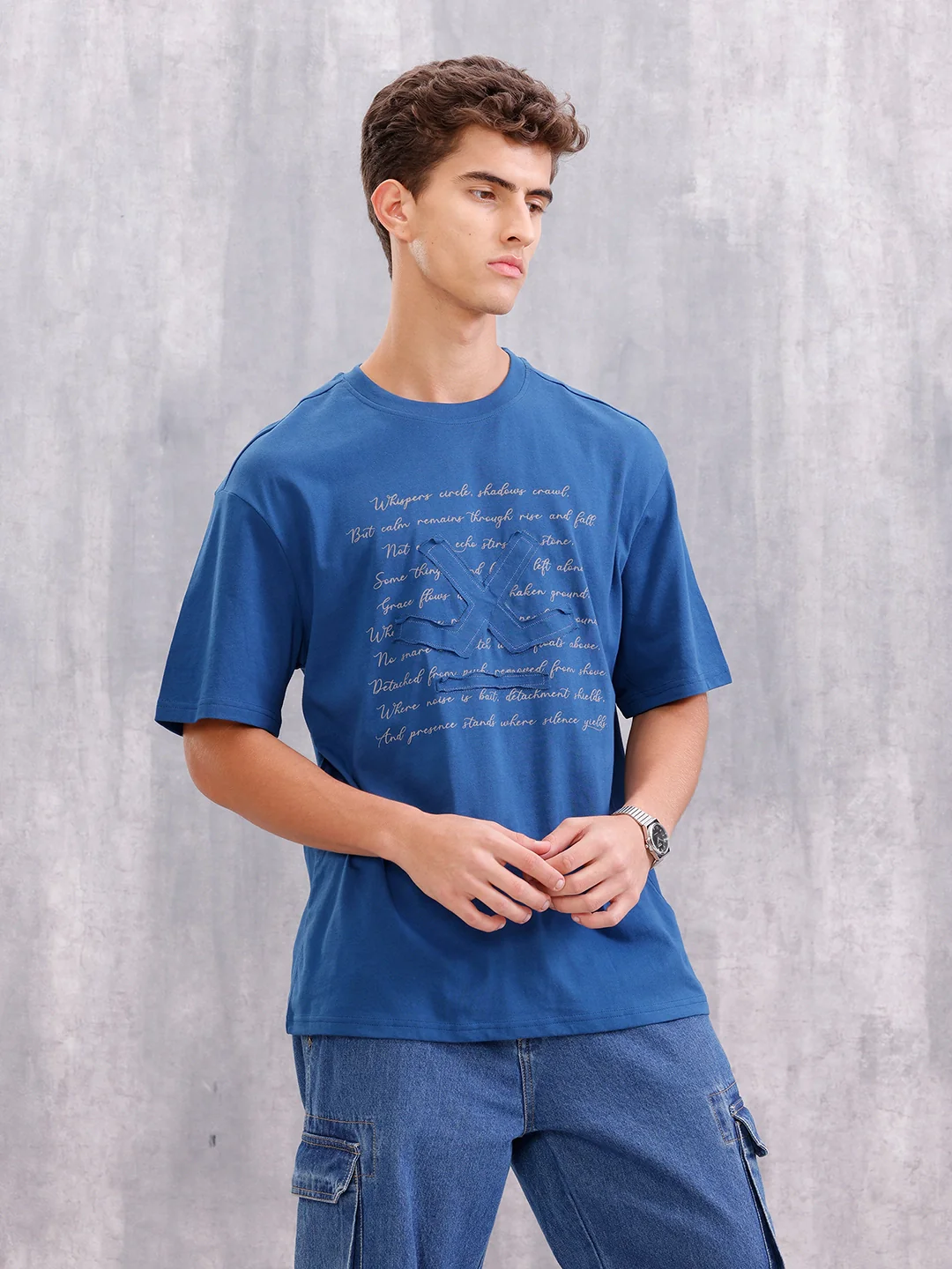 Graphic Printed Oversized Fit Brand Logo Embroidered T-shirt | Blue - Image 4