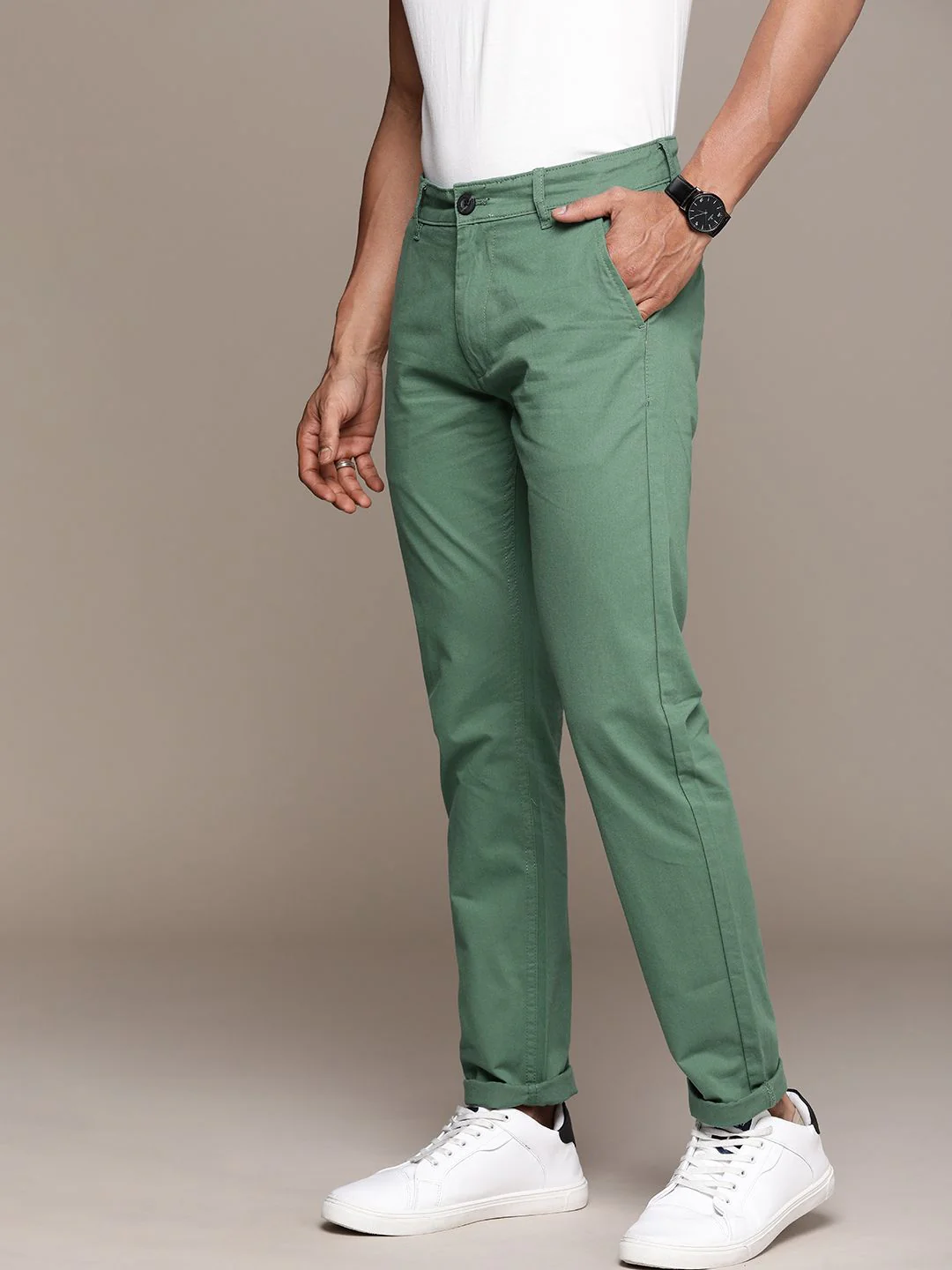 Green Solid Slim Fit Chinos Trousers - Image 2