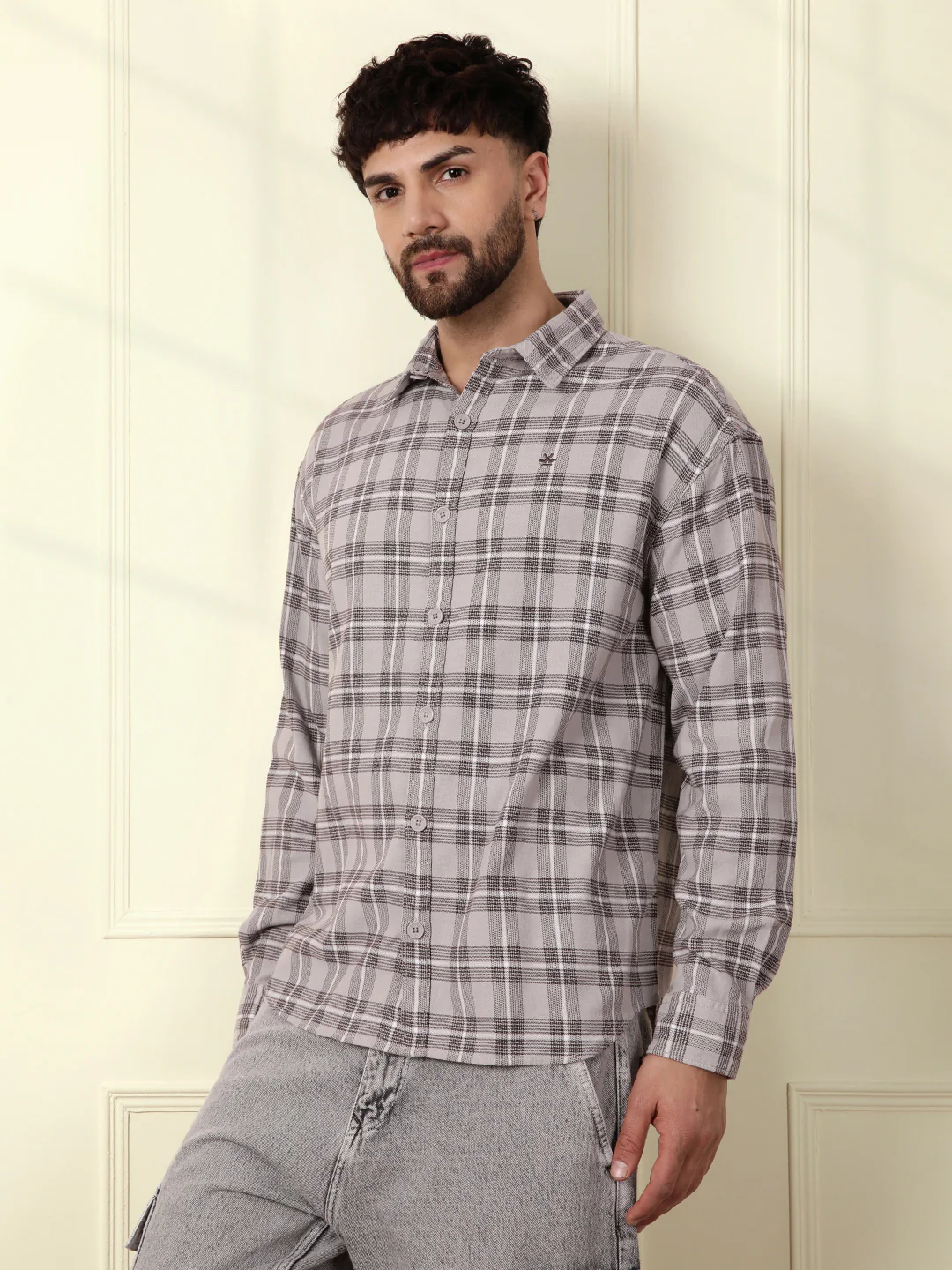 Tonal Checks Oversized Shirt | Grey - Image 4