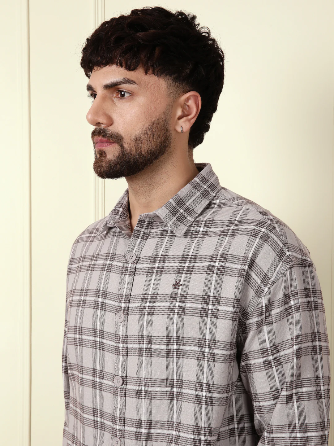 Tonal Checks Oversized Shirt | Grey - Image 5