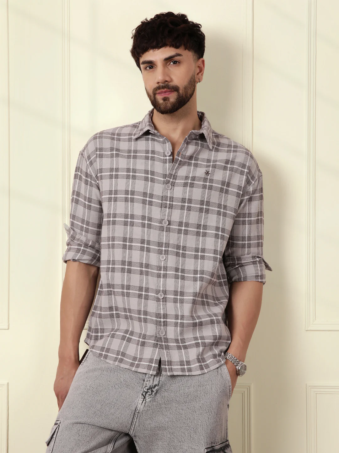 Tonal Checks Oversized Shirt | Grey - Image 6