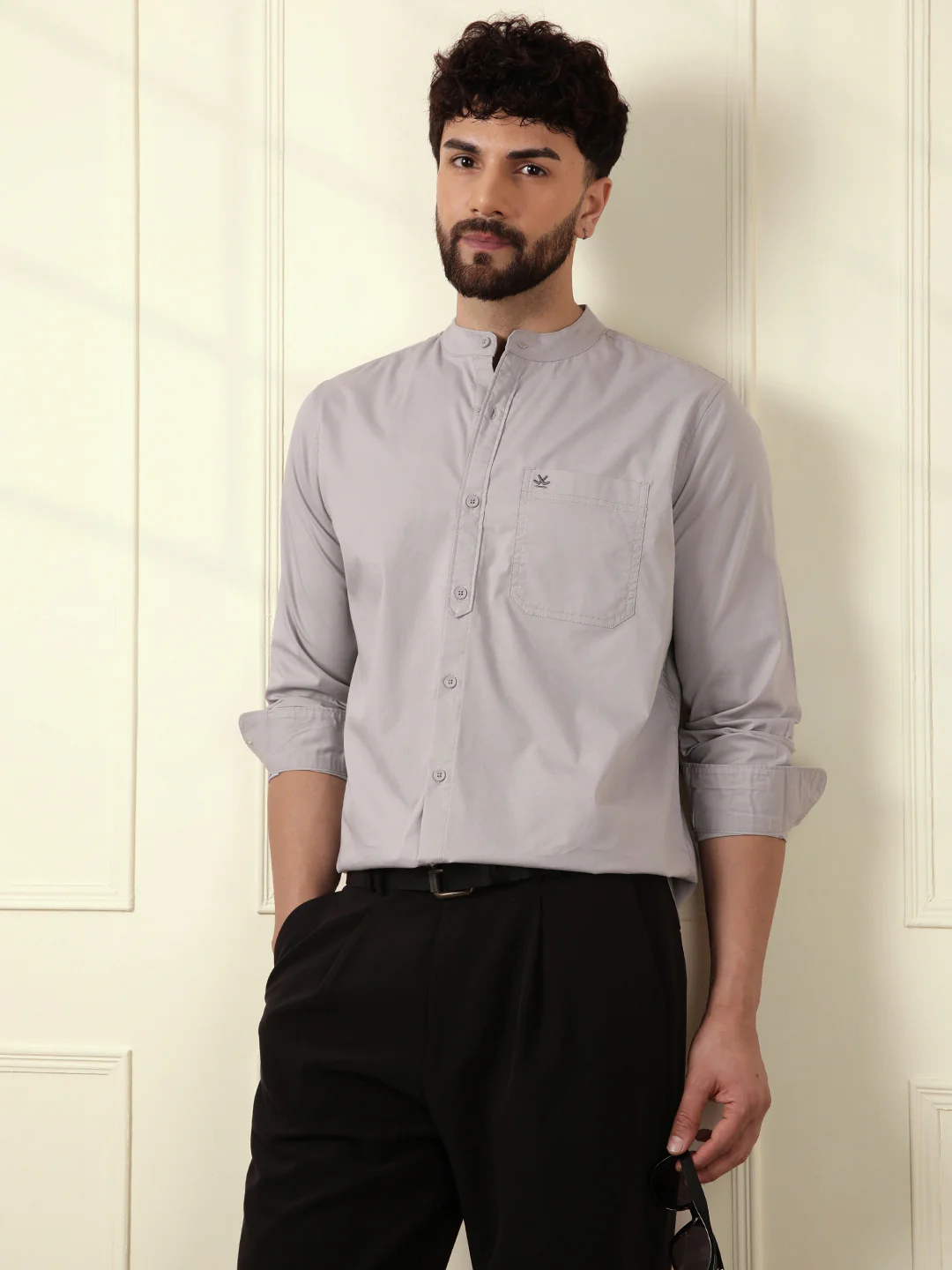 Grey Oxford Mandarin Collar Shirt - Image 3