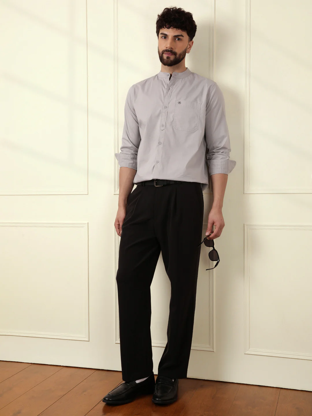 Grey Oxford Mandarin Collar Shirt - Image 4
