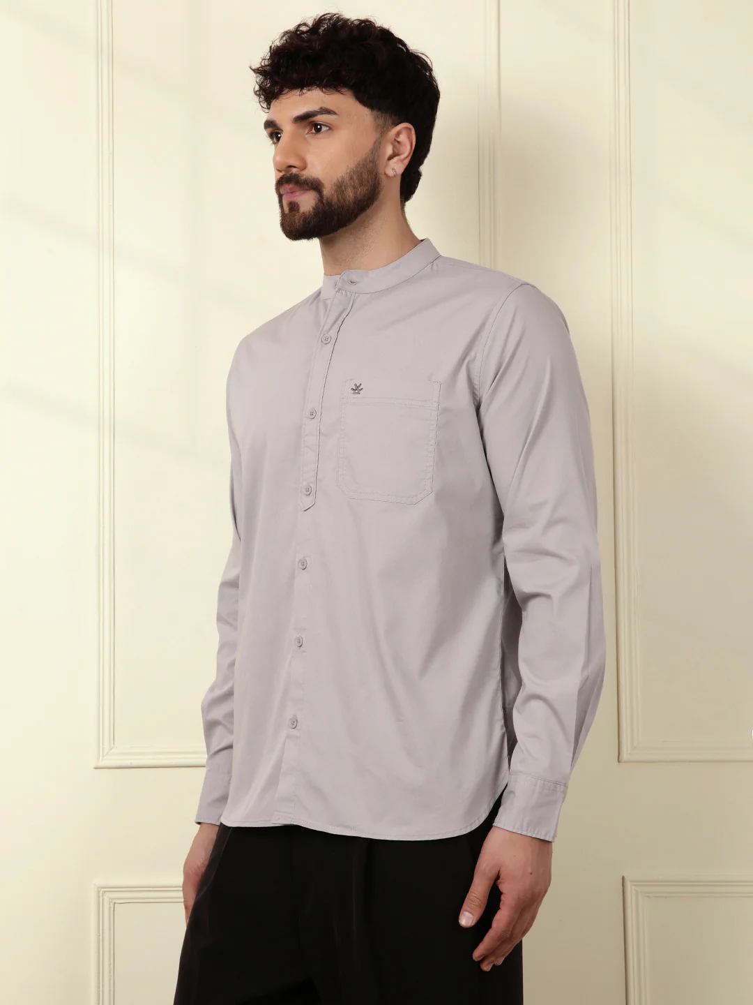 Grey Oxford Mandarin Collar Shirt - Image 6