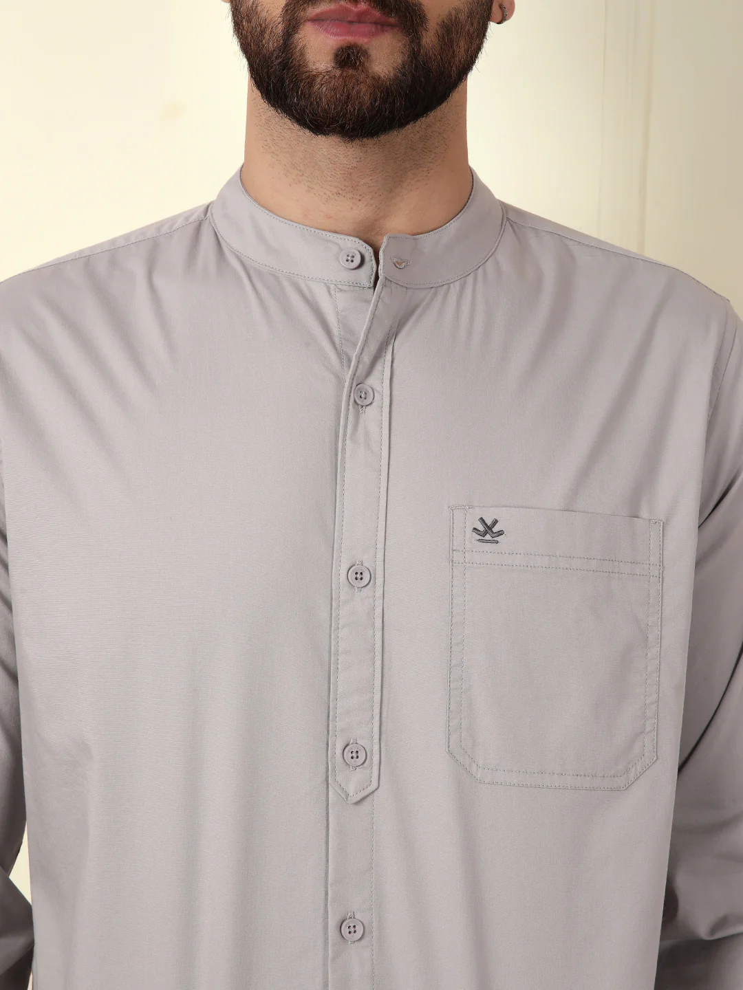 Grey Oxford Mandarin Collar Shirt - Image 7