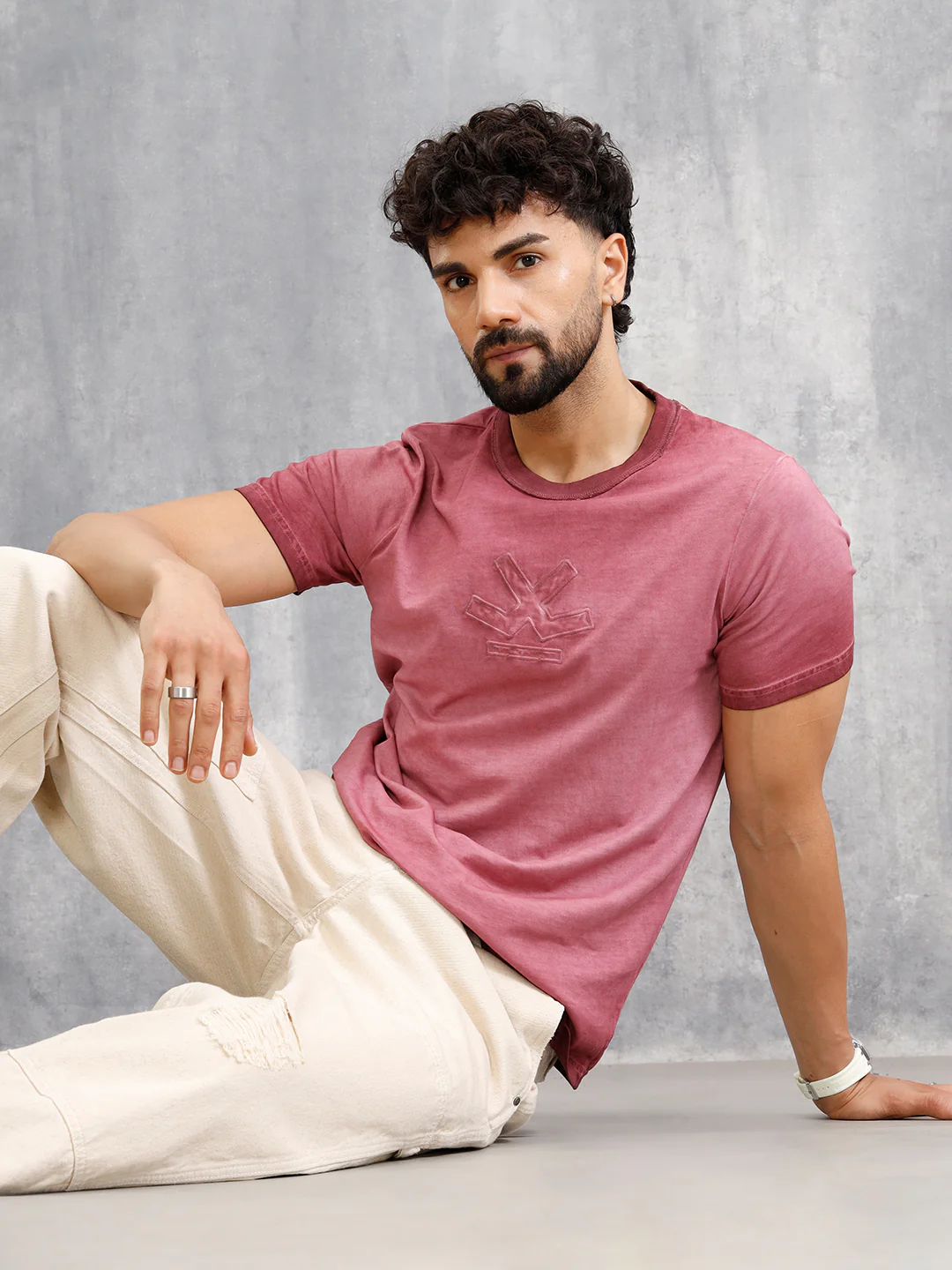 Grunge Pigment Washed T-Shirt With Logo Appliqué On Chest | Maroon - Image 5