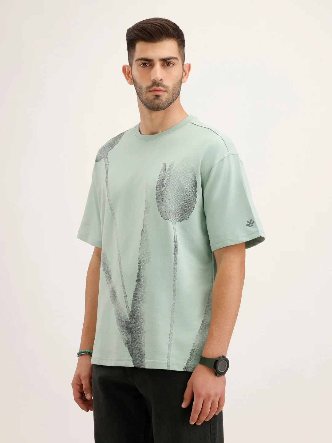Heavy GSM Watercolour Floral Printed T-Shirt | Green - Image 4
