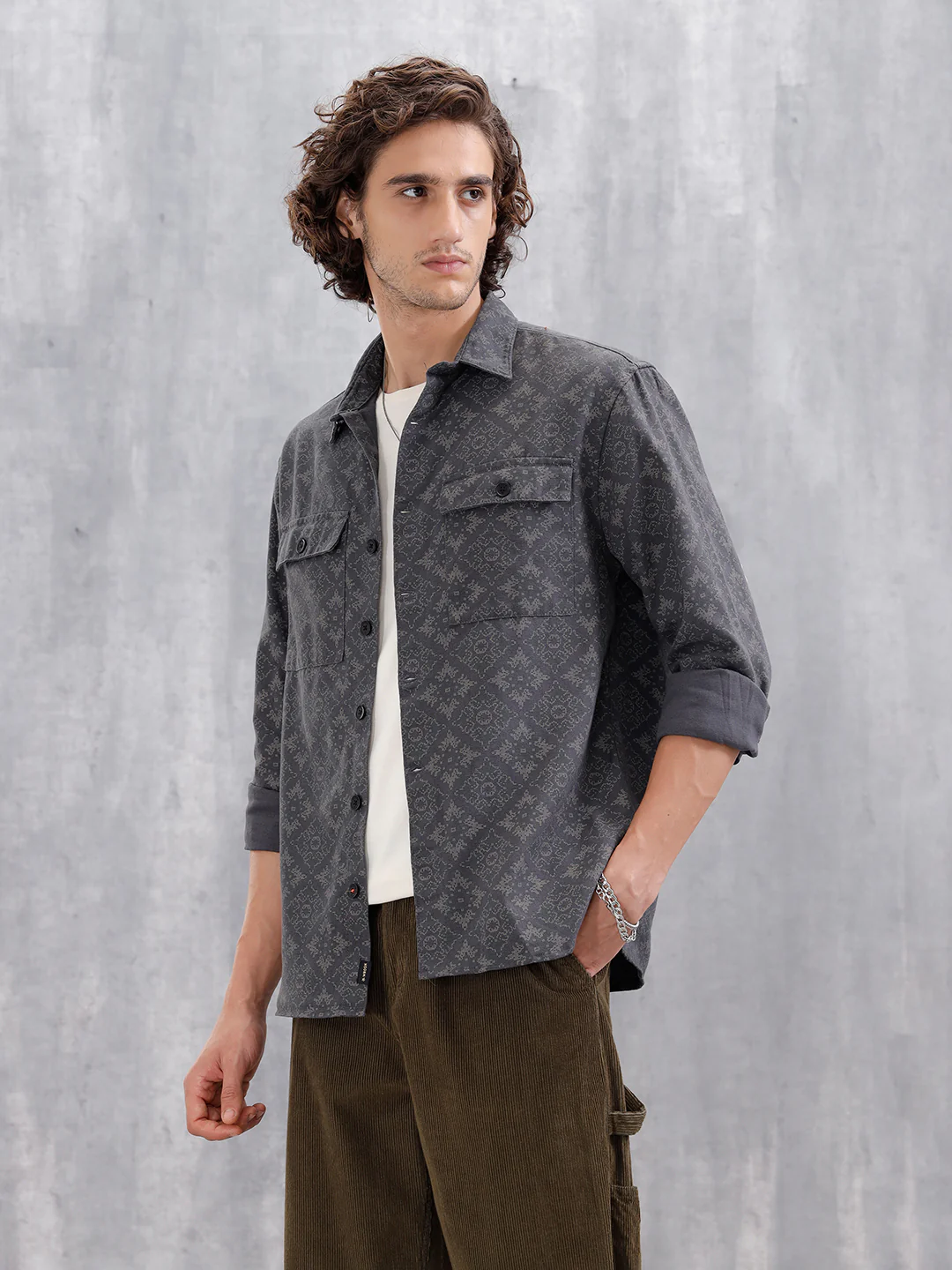 Heavy Printed Canvas Oversized Fit Overshirt | Dark Grey - Image 4