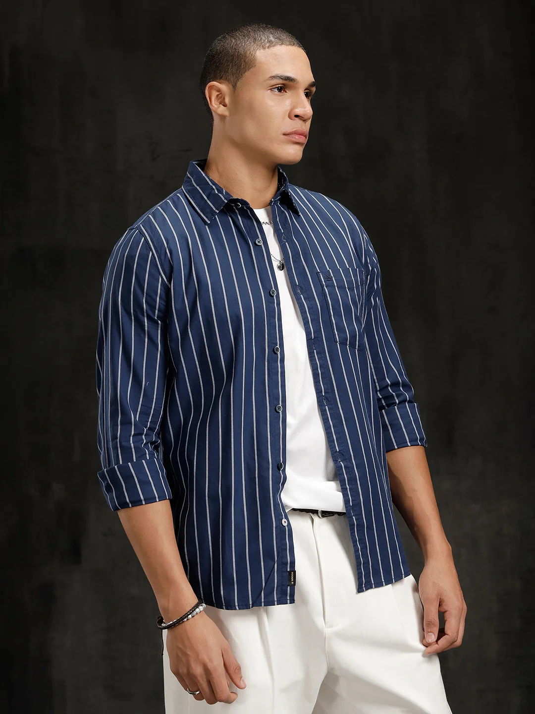 Herringbone Striped Slim Fit Shirt  | Navy Blue - Image 4