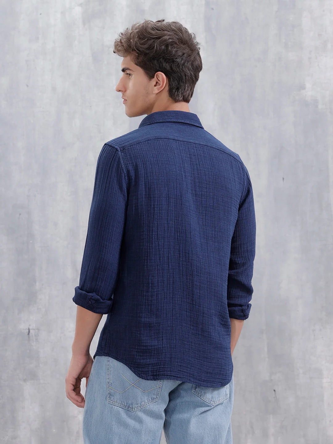 Indigo Double Cloth Slim Fit Shirt In Dark Wash | Dark Blue - Image 3