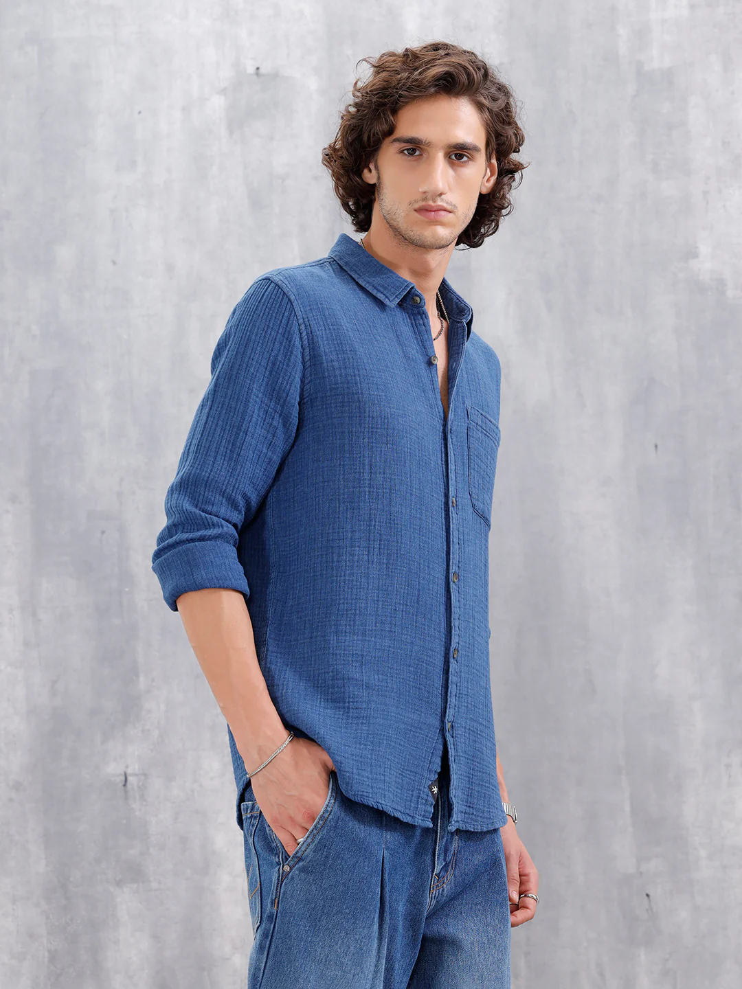 Indigo Double Cloth Slim Fit Shirt In Medium Wash | Blue - Image 4