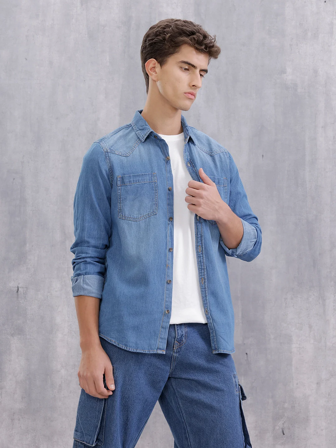 Indigo Washed Casual Regualr Fit Denim Shirt | Blue - Image 4