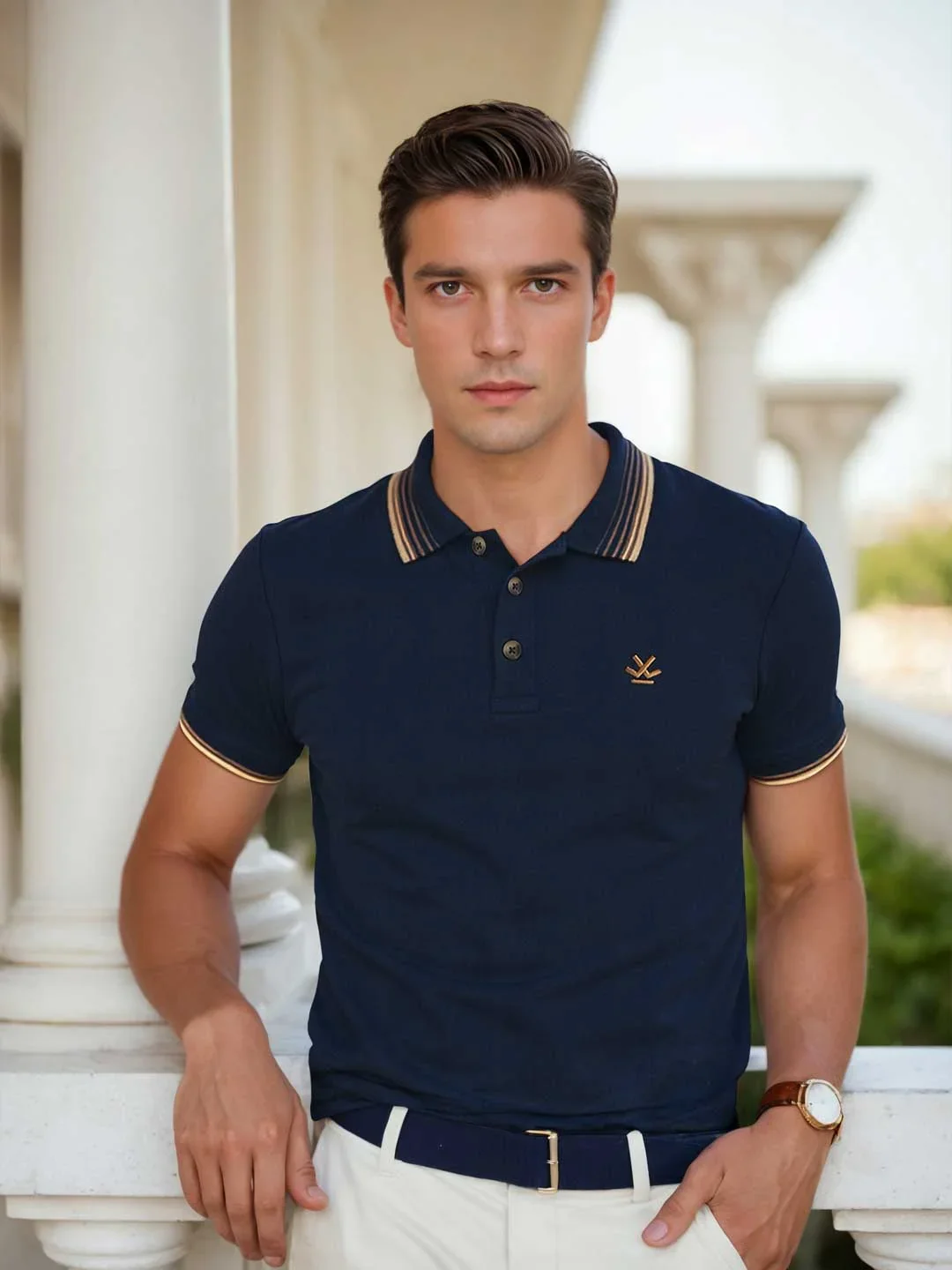 Jacquard Collar Pique Polo T-Shirt  | Navy Blue - Image 2