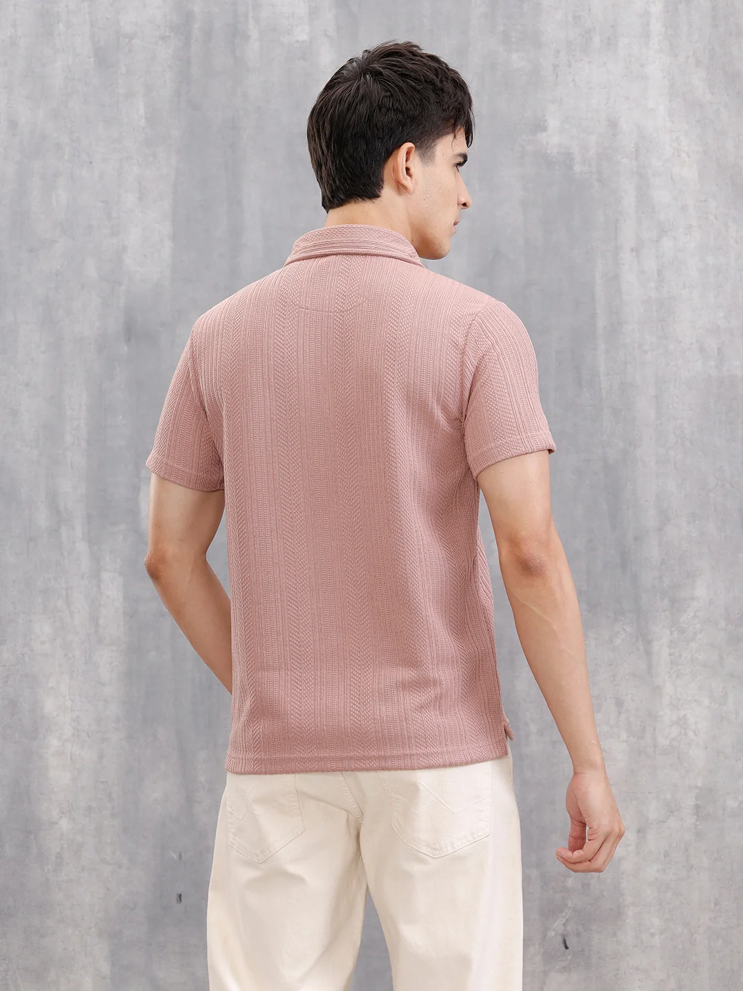 Jacquard Textured Knit Polo In Slim Fit  |  Pink - Image 3