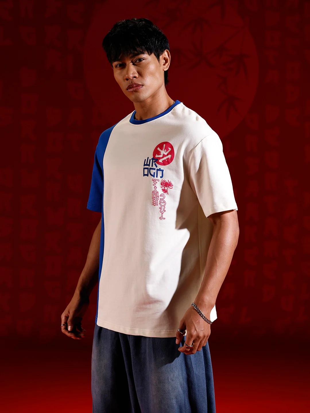 Japanese chest print color-block T-shirt | Off white - Image 5