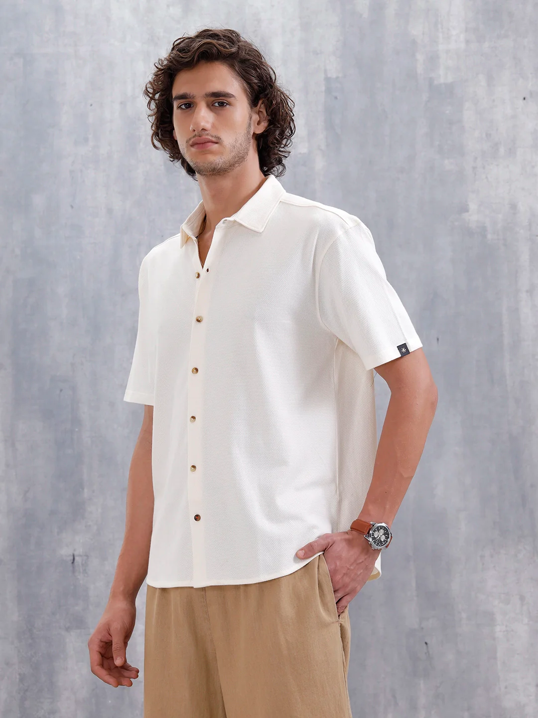 Knit Popcorn Texture Slim Fit Shirt | Off White - Image 4